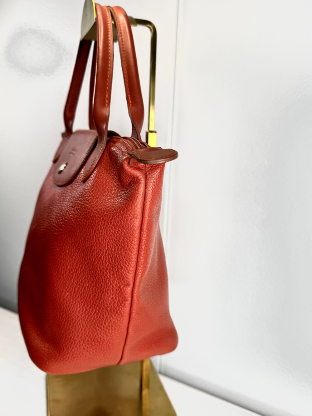 Longchamp Le Pliage Cuir Small Orange Leather Tote Bag Top Handle Authentic - Picture 3 of 16